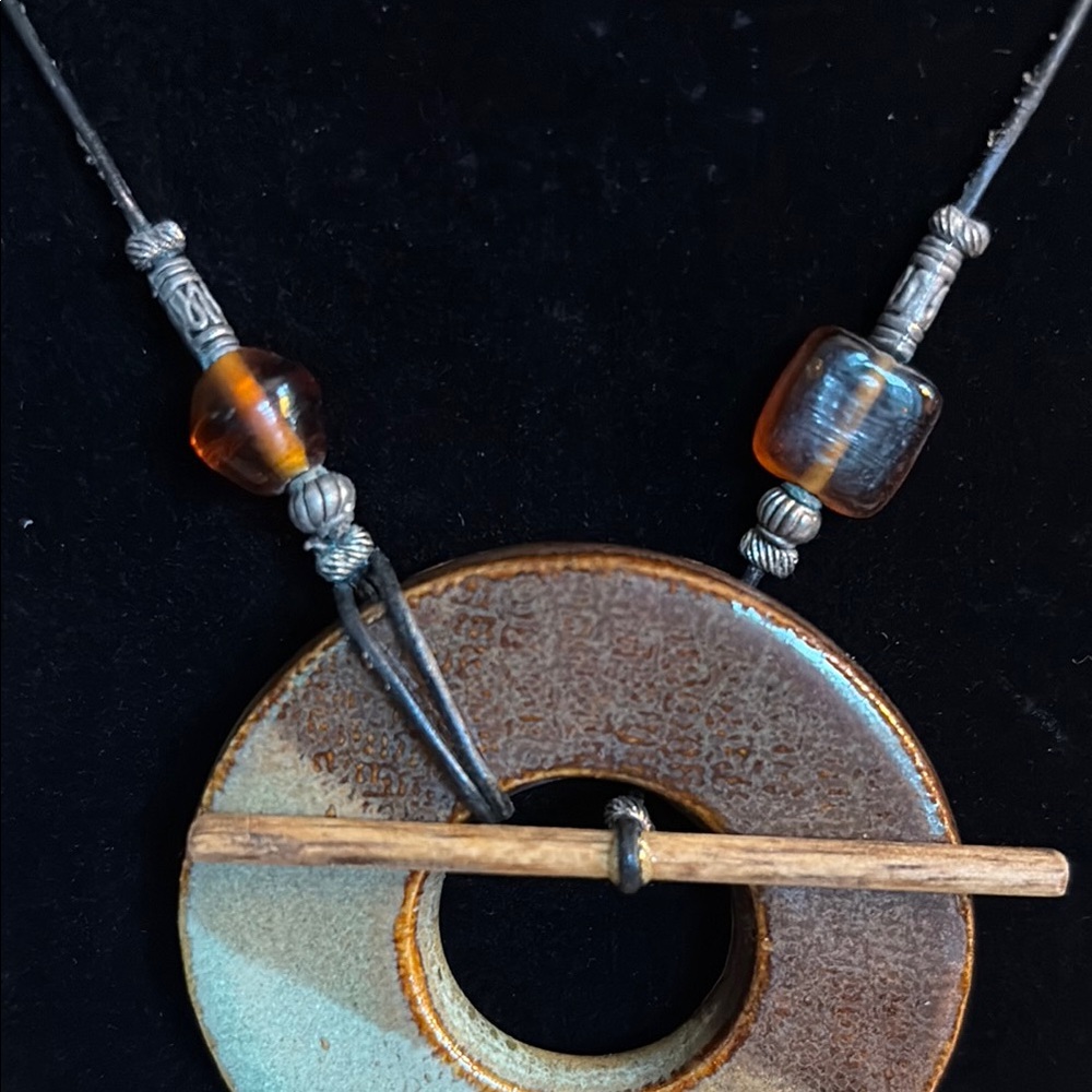 Handcrafted Pottery Brown and Blue Pendant Necklace - Picture 6 of 6